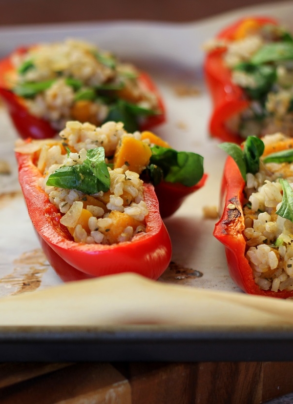 Stuffed Bell Peppers with Butternut Squash, Spinach, and Brown Rice