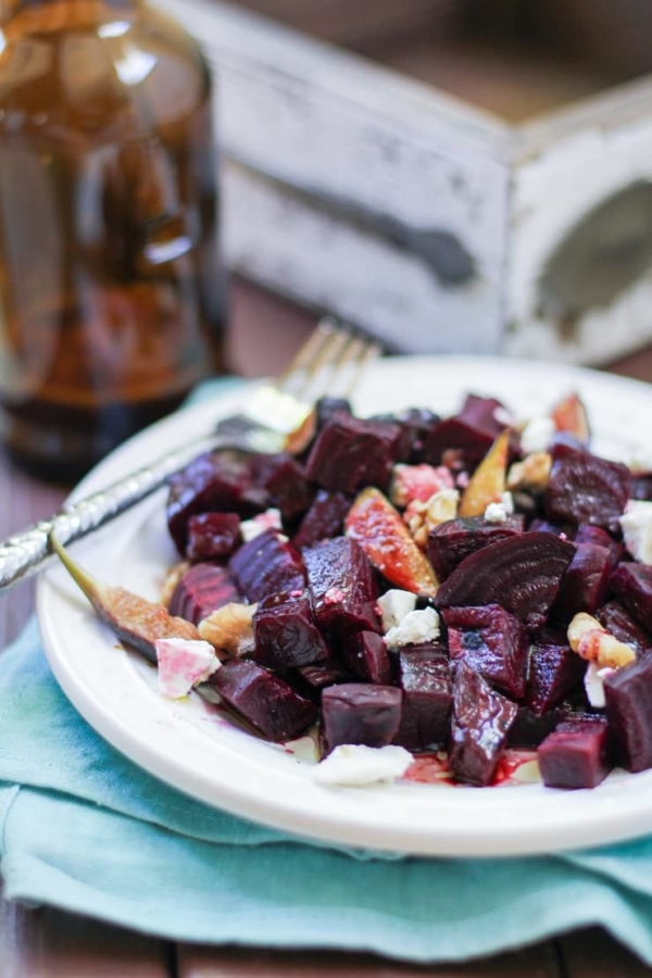 Roasted Beet and Fig Salad with walnuts, goat cheese, and balsamic vinaigrette