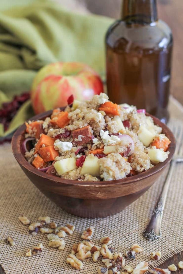 Roasted Sweet Potato Quinoa Salad with Orange Vinaigrette plus apples, walnuts, red onion, and goat cheese - a healthy side dish!