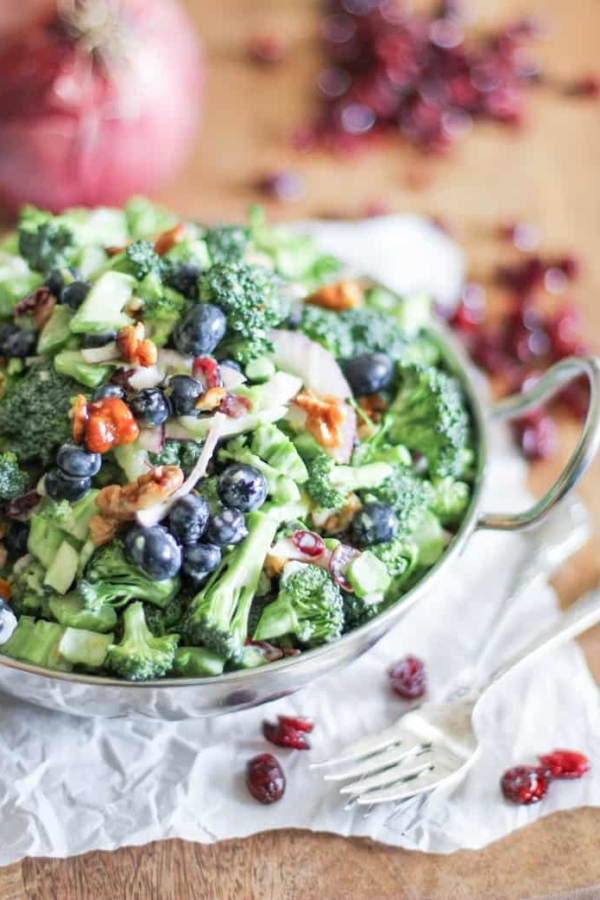 Healthier Broccoli Salad with Yogurt Dressing, blueberries, cranberries, bacon, and honey-toasted walnuts