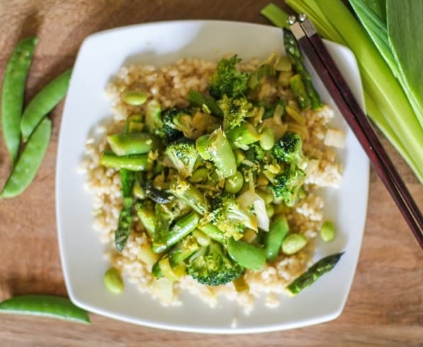 Spring Vegetable Stir Fry with Lemon-Ginger Sauce - this crisp, fresh meal takes less than 45 minutes to make and is healthy yet delicious