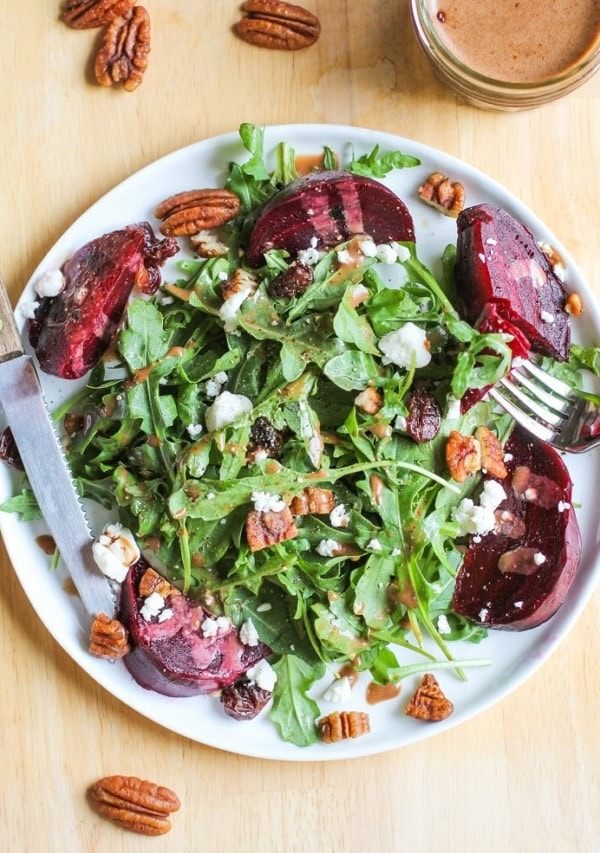 Roasted Beet Salad with Goat Cheese, Arugula, Pecans, dried cranberries and balsamic vinaigrette