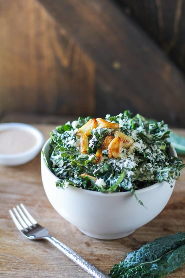 Spicy Kale Caesar Salad with Roasted Garlic - a healthier nutritious caesar salad recipe