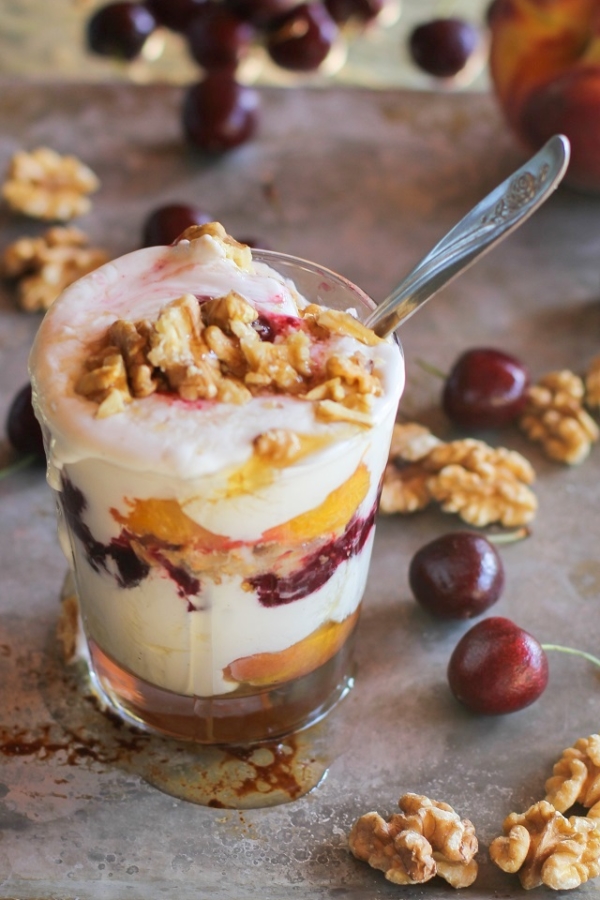 Roasted Peach and Cherry Yogurt Parfaits with Roasted Walnuts and honey | theroastedroot.net #healthy #dessert #recipe #summer