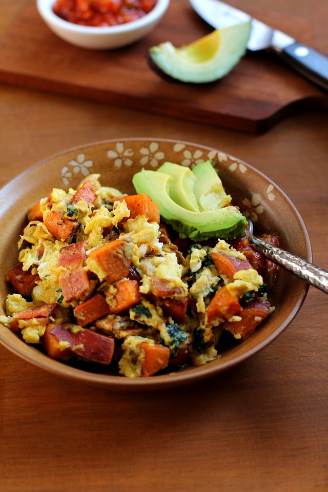 Sweet Potato Bacon And Spinach Scramble The Roasted Root