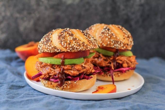 Pulled Jackfruit Sandwiches with Peach Bourbon BBQ Sauce - The Roasted Root