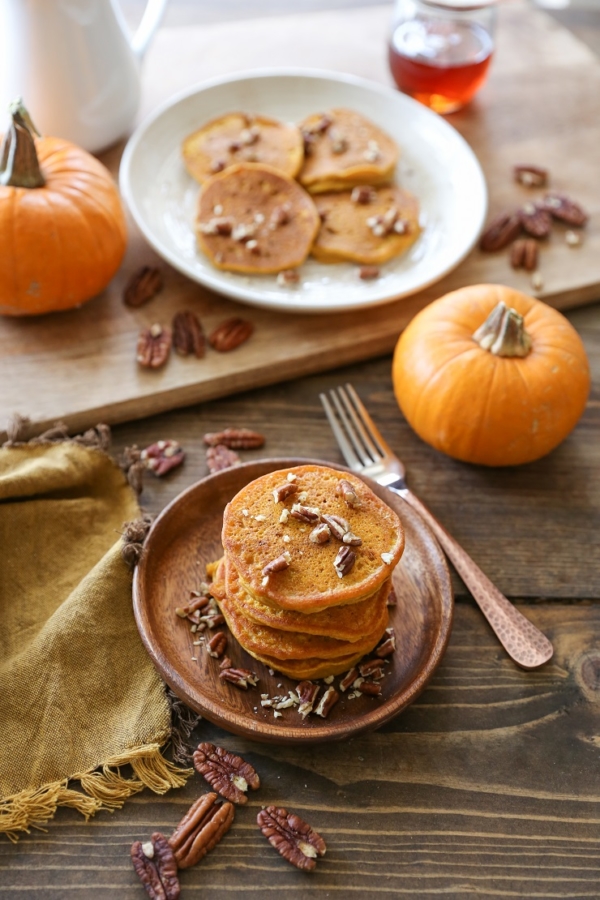 Gluten-Free Pumpkin Pancakes with Cinnamon-Bourbon Syrup | TheRoastedRoot.net #healthy #breakfast #recipe #glutenfree