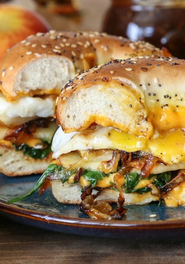 Pear Apple Cheddar Caramelized Onion Grilled Cheese Bagel Sandwiches | TheRoastedRoot.net #vegetarian #healthy #recipe