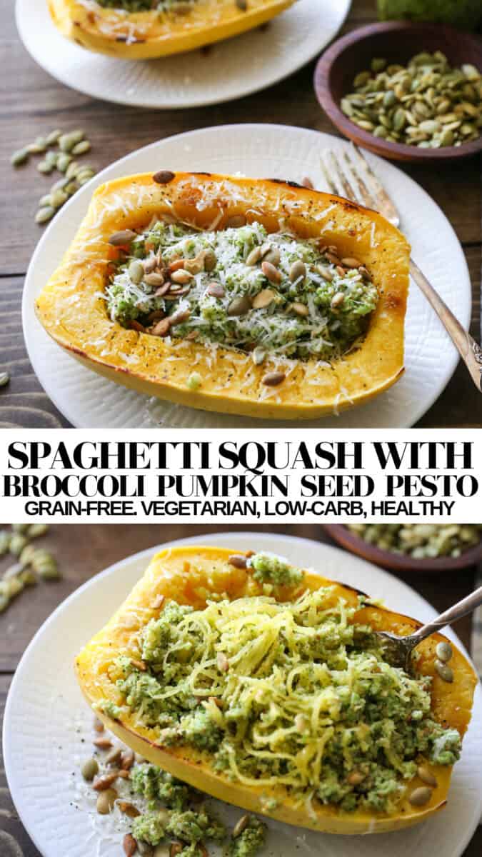 Spaghetti Squash with Broccoli-Pumpkin Seed Pesto - The Roasted Root