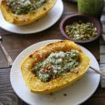 Spaghetti Squash with Broccoli Pumpkin Seed Pesto | TheRoastedRoot.net #healthy #dinner #recipe #glutenfree #almostpaleo #vegetarian