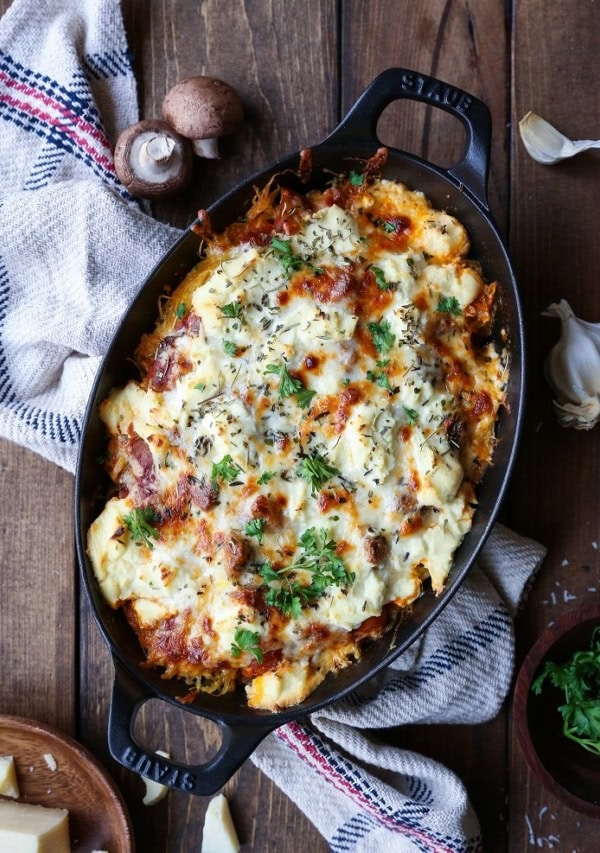 Three Cheese Mushroom Bolognese Spaghetti Squash Casserole - a comforting vegetarian meal | TheRoastedRoot.net #glutenfree #recipe #dinner