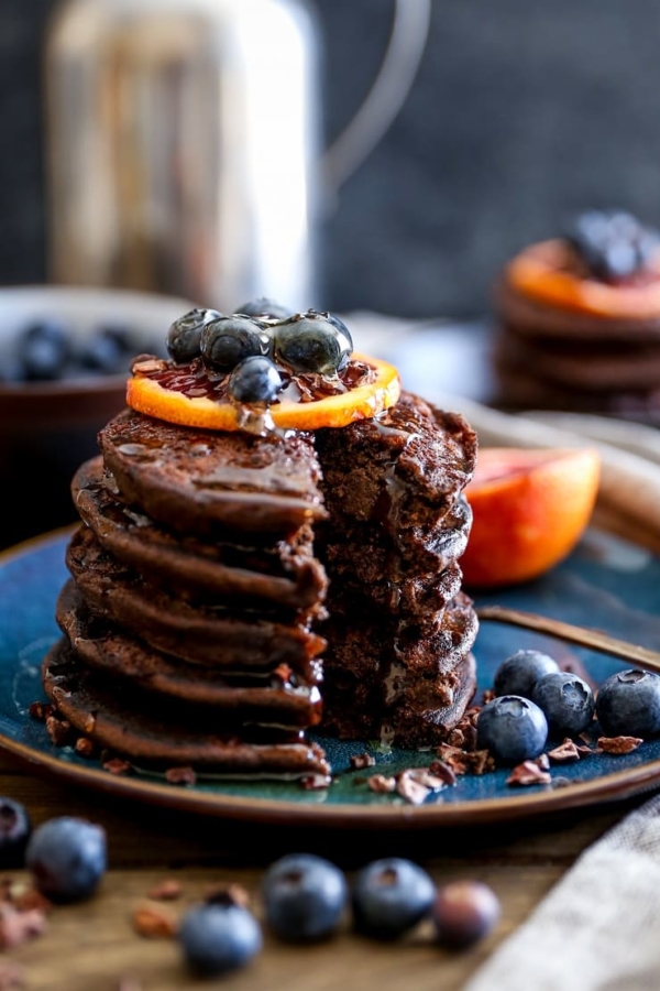 Chocolate Buckwheat Pancakes - gluten-free, packed with protein! | TheRoastedRoot.net #breakfast #glutenfree #pancakes