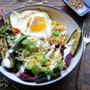 Prebiotic and Probiotic Macro Bowls - spaghetti squash, beets, greens, avocado, roasted vegetables, sauerkraut, and kefir makes for a healthy well-balanced meal. | TheRoastedRoot.net #healthy #dinner #recipe #glutenfree