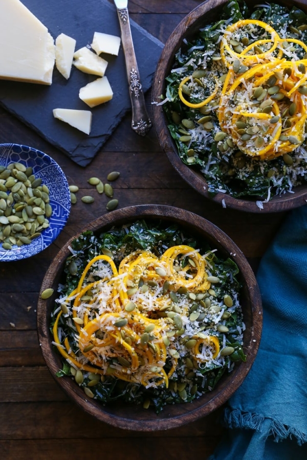 Spiralized Golden Beet and Kale Salad recipe with pumpkin seeds, hemp seeds, and parmesan cheese. A healthy vegetarian side dish!