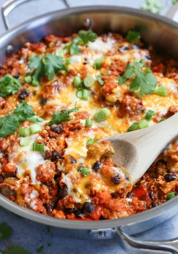 Turkey, Black Bean, and Sweet Potato Rice Enchilada Skillet - a filling meal packed with vegetables and lean protein!