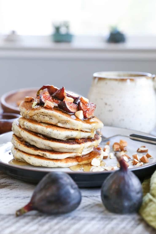 Gluten-Free Vegan Poppy Seed Pancakes with Caramelized Figs - the batter comes together quickly in your blender, making this an easy yet fancy breakfast recipe!