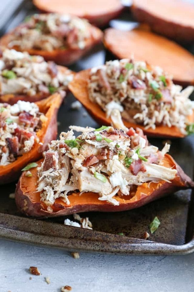 Loaded Sweet Potato Skins with Pecans, Chicken, and Bacon - The Roasted ...