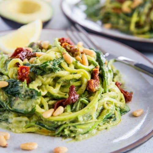 Avocado Pesto Zoodles With Sun Dried Tomatoes The Roasted Root