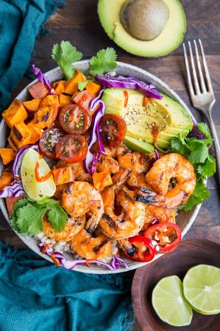 BBQ Shrimp and Sweet Potato Bowls - The Roasted Root