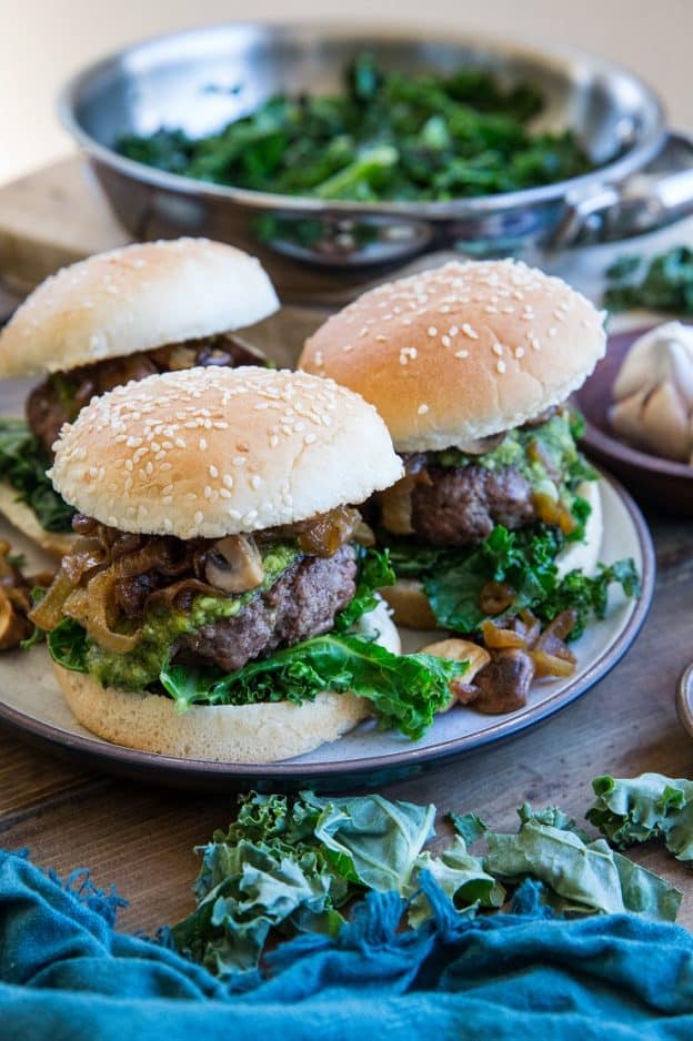 Pesto Burgers With Caramelized Onions And Mushrooms The Roasted Root