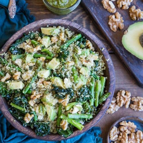 Pesto Quinoa Salad with Asparagus, Avocado, and Kale - The Roasted Root