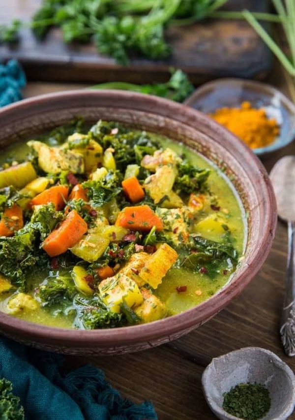 close up turmeric chicken soup