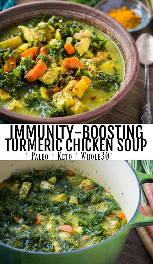  Immunitätssteigernde Kurkuma-Hühnersuppe mit Karotten, Pastinaken, Petersilie, Ingwer und Knochenbrühe - eine kraftvolle Mahlzeit, die Paleo, Whole30 und Keto ist. | TheRoastedRoot.com #glutenfrei #gesund #paleo