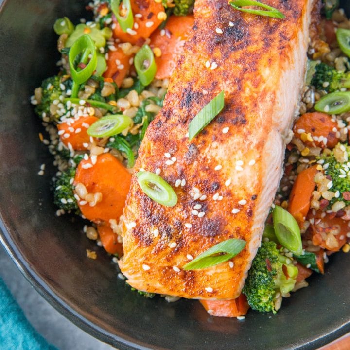 Crispy Paprika Salmon Bowls with Ginger Vegetables & Rice - The Roasted ...