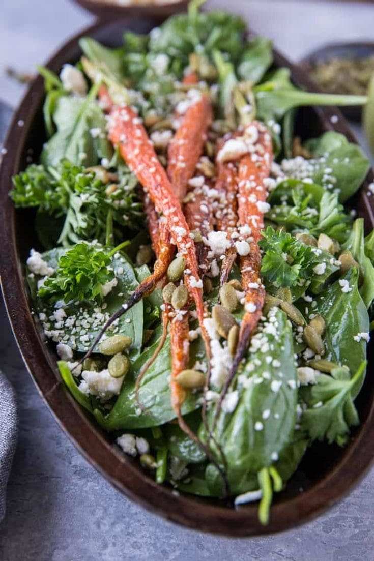 Roasted Carrot Spinach Salad with Lemon Herb Dressing - The Roasted Root