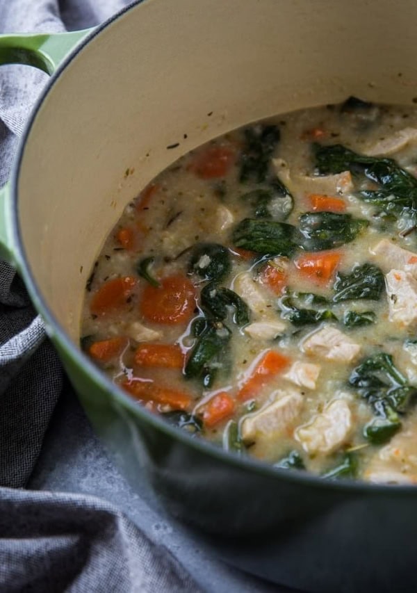 pot of lemon rosemary chicken soup with rice