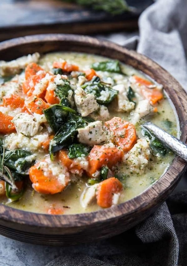 Creamy Lemon Rosemary Chicken Soup with Rice - healthy, hearty, dairy-free, and delicious! | TheRoastedRoot.net