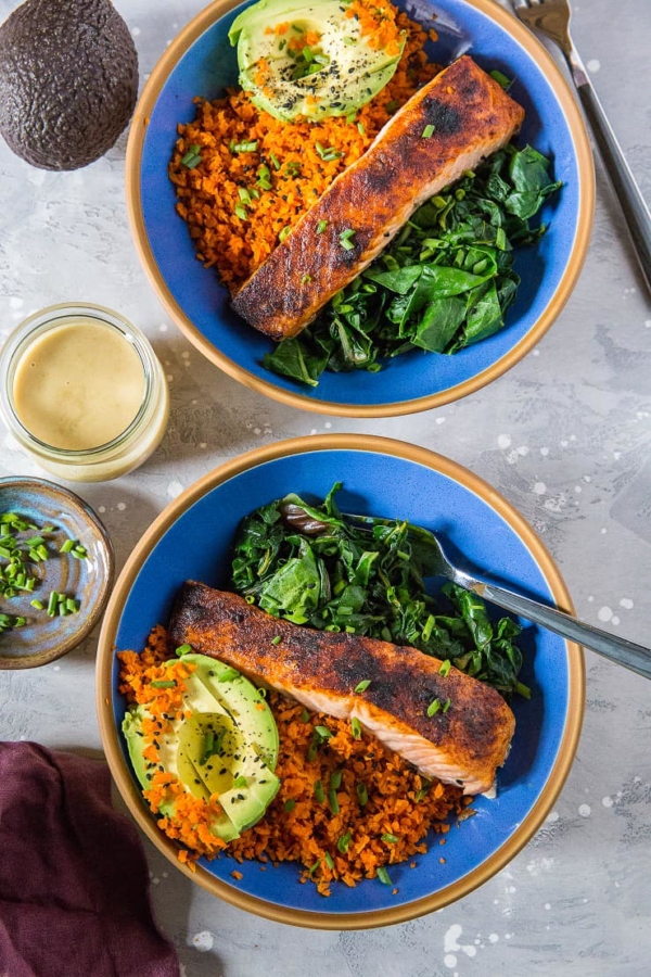 Salmon Bowls with Avocado, Carrot "Rice" Sauteed Rainbow Chard and Wasabi Sauce - an easy paleo, keto meal that can be made any night of the week | TheRoastedRoot.net