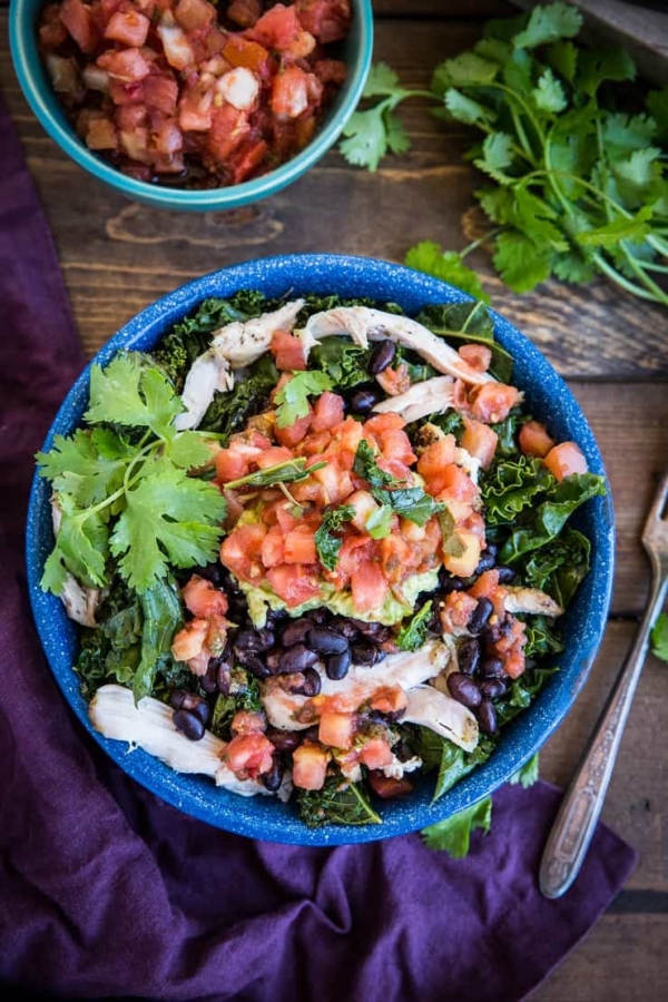 Chicken Burrito Bowls with Black Beans and Kale - an easy, healthy dinner recipe | TheRoastedRoot.net #healthy #dinnerrecipe