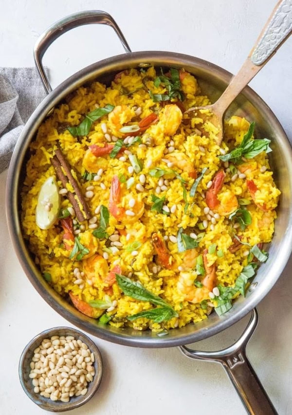 Indian Shrimp Biryani - an easy one-pot meal of aromatic rice, shrimp, and pine nuts. Quick, easy, and healthy! | TheRoastedRoot.net