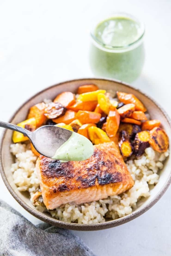 Crispy Salmon with Basil Coconut Milk Sauce - a fresh, easy, and healthy dinner recipe that is low-fodmap and super quick to prepare! | TheRoastedRoot.net