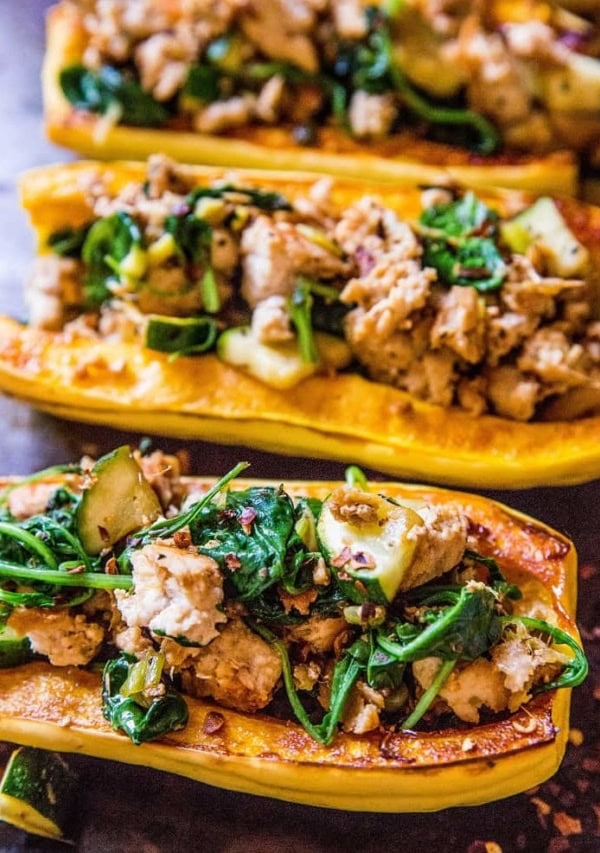 Ground Turkey Stuffed Delicata Squash with zucchini, spinach, ginger, and coconut aminos - paleo, whole30, keto, low-carb, and AIP dinner recipe! | TheRoastedRoot.net