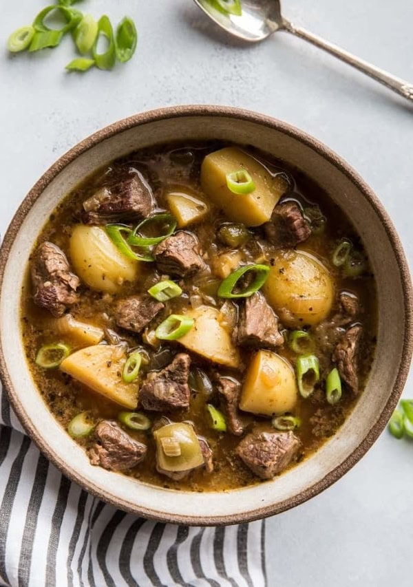 Instant Pot Steak and Potato Soup - a super easy and comforting beef stew recipe | TheRoastedRoot.net #paleo