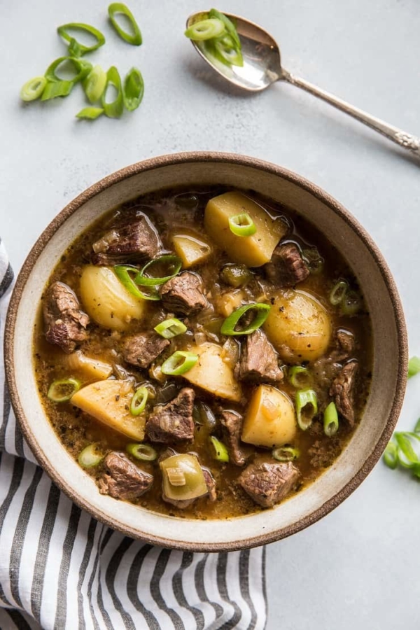 Instant Pot Steak and Potato Soup - a super easy and comforting beef stew recipe | TheRoastedRoot.net #paleo