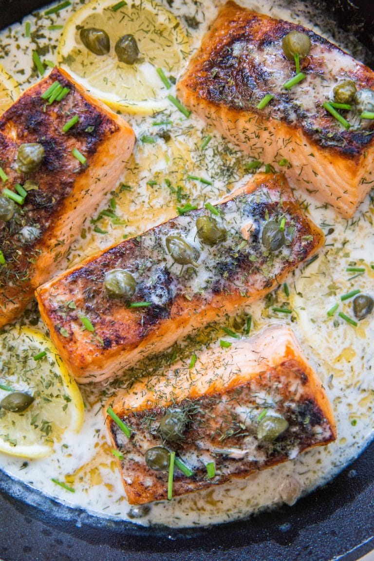 Crispy Skillet Salmon with Lemon Caper Dill Sauce - The Roasted Root