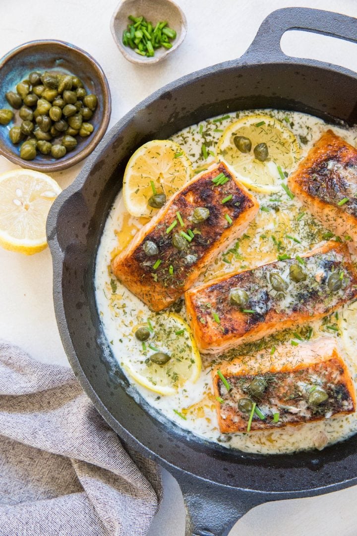 Crispy Skillet Salmon With Lemon Caper Dill Sauce The Roasted Root