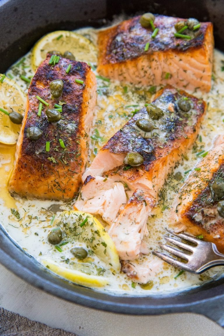 Crispy Skillet Salmon With Lemon Caper Dill Sauce The Roasted Root