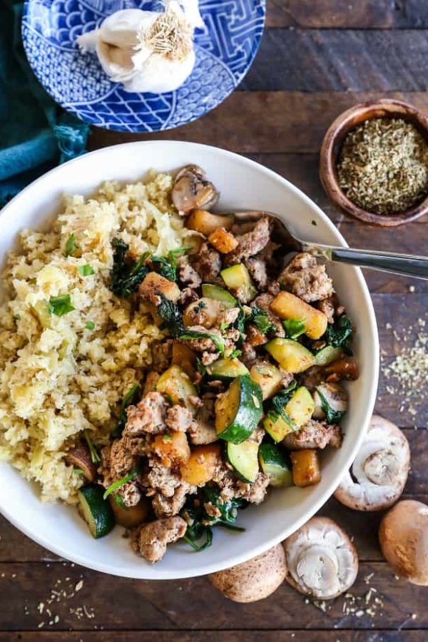 Ground Turkey Bowls with Mushrooms, Zucchini and Spinach with Cabbage Rice - paleo, keto, whole30 dinner recipe | TheRoastedRoot.net