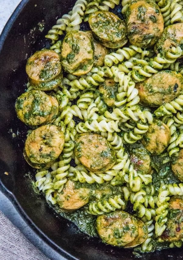 Chicken Sausage Pasta with homemade pesto sauce - dairy-free, gluten-free, healthy