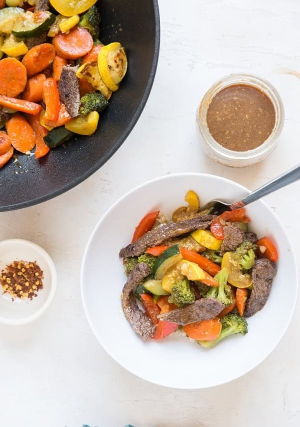 bowl of beef stir fry with wok