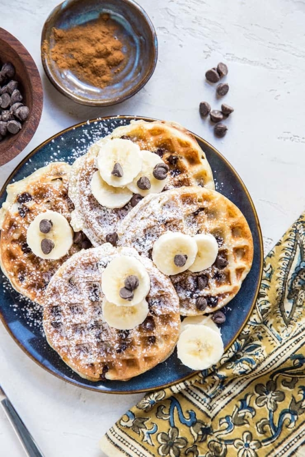 Chocolate Chip Sourdough Waffles - dairy-free, refined sugar-free, cinnamony and delicious