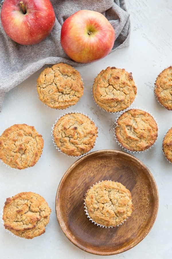 Healthy Apple Muffins made with almond flour, sweetened with banana and apple. This grain-free, dairy-free, refined sugar-free apple cinnamon muffins recipe contains no added sweetener!