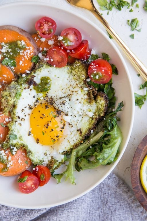 Pesto Eggs Breakfast Bowls with Sweet Potatoes and Greens - The Roasted ...