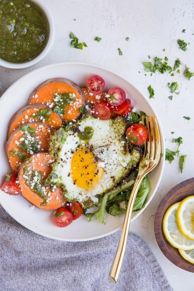 Pesto Eggs Breakfast Bowls with Sweet Potatoes and Greens - The Roasted ...