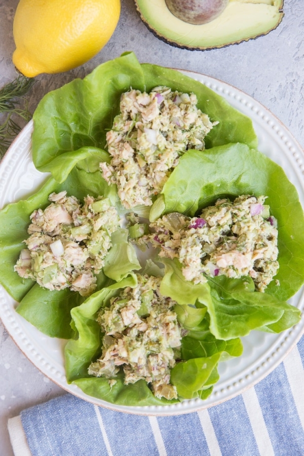 Tuna Salad Lettuce Wraps made mayo-free. This protein-packed lunch recipe comes together in minutes and is incredibly satiating!