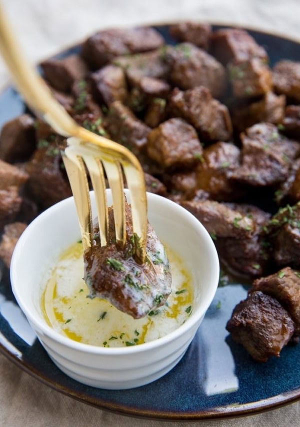 Air Fryer Steak Bites - perfectly cooked steak made in the air fryer! Crispy, flavorful bits of deliciousness. The perfect appetizer recipe!